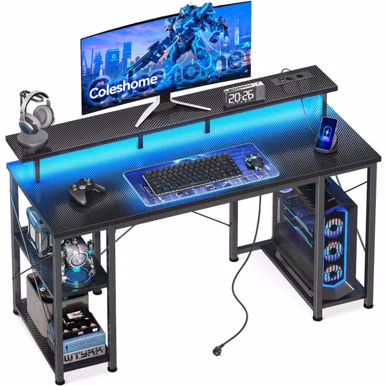 Scrivania da gaming con illuminazione LED, dimensioni 120x50 cm, struttura in metallo e legno, colore nero. Ideale come scrivania per computer o tavolo da gaming