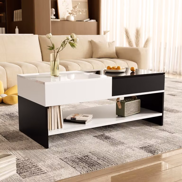 Tavolino con 2 cassetti - Design bianco e nero, spazio per riporre oggetti, piano lucido, 100 cm