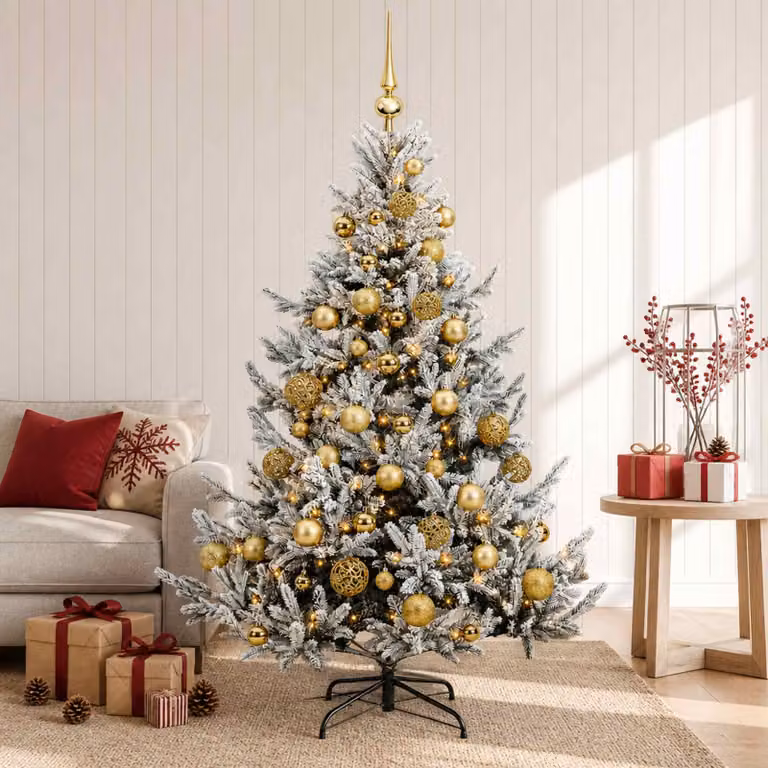 Albero di Natale artificiale moderno vidaXL verde con 150 LED bianco caldo e decorazioni con palline bianche, Altezza: 150 cm