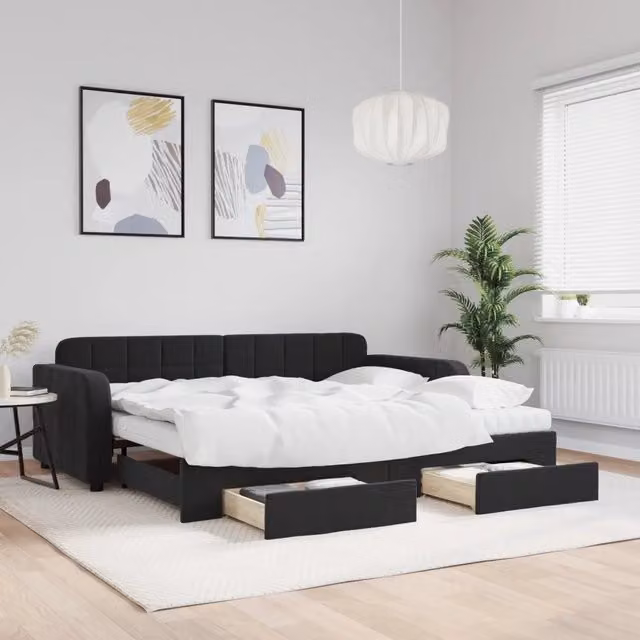 Divano Letto Estraibile con Cassetti vidaXL in Velluto Nero per Soggiorno e Camera da Letto 90x190 cm