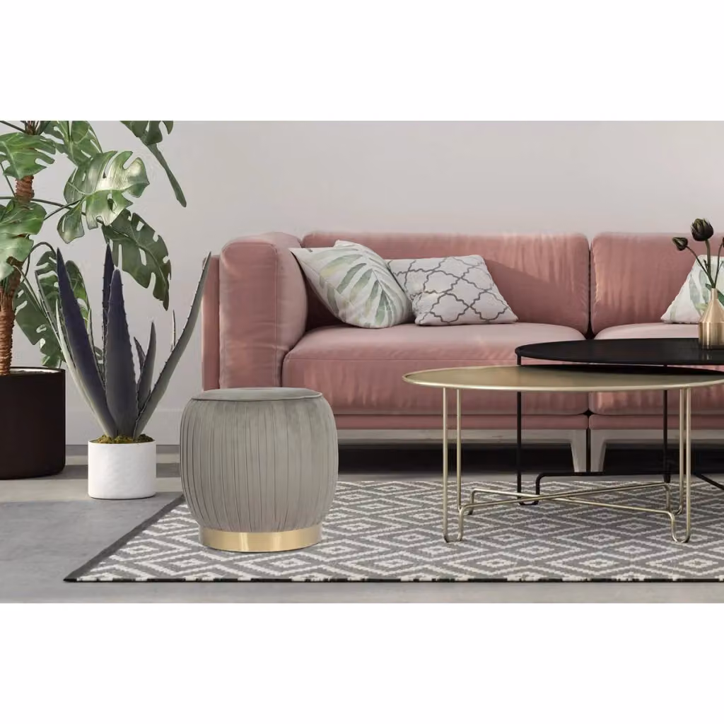 Pouf contenitore cilindrico Lilje di KENDRA HOME in velluto grigio con base in metallo e finitura opaca – 2