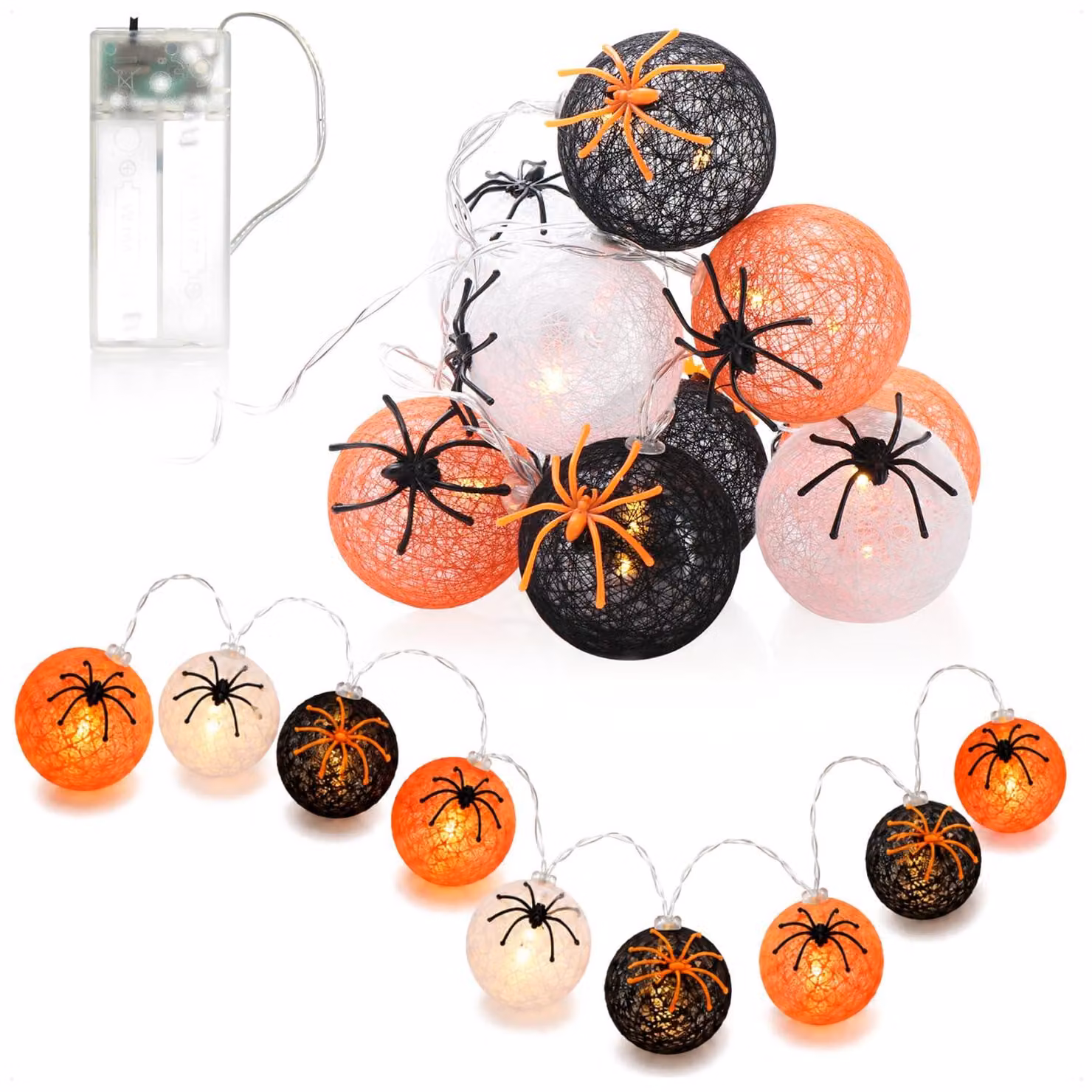 Catena luminosa a LED con 10 sfere, decorazione per Halloween, design a tema ragno