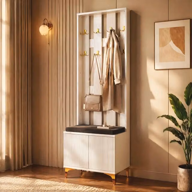 Desviae Mobile da ingresso con ganci dorati, cuscini grigi e ripiani regolabili bianco 60,5 × 180,5 × 35,2 cm