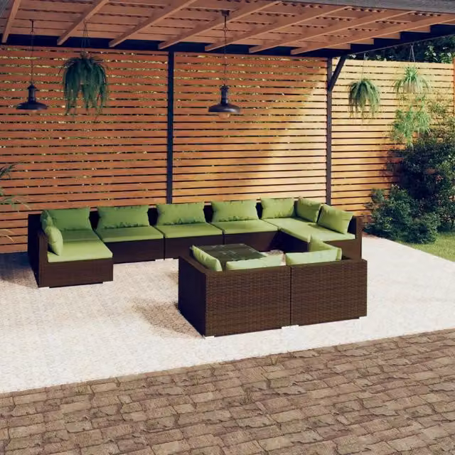 Set di divani da giardino vidaXL in rattan marrone e verde con cuscini e tavolino da caffè in stile moderno