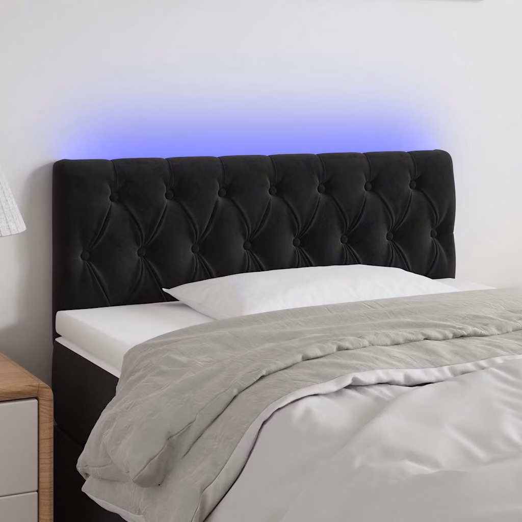 Testiera per letto vidaXL in velluto nero con illuminazione LED e porta di ricarica USB, L: 100 cm, P: 7 cm, H: 78-88 cm