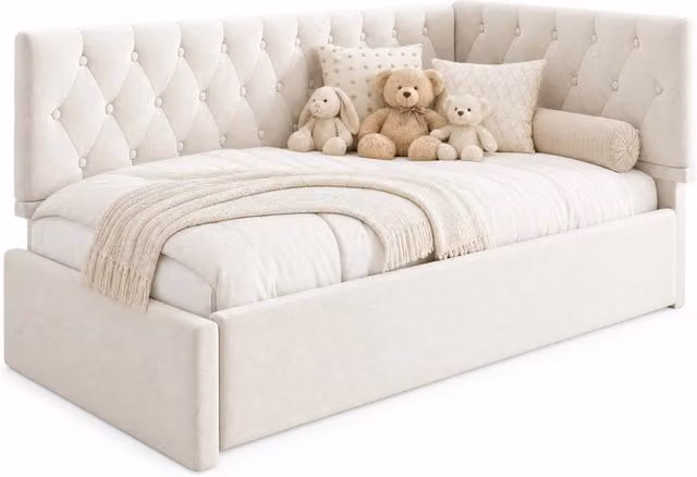 Letto singolo 90x190 cm con contenitore idraulico e rete a doghe; velluto beige