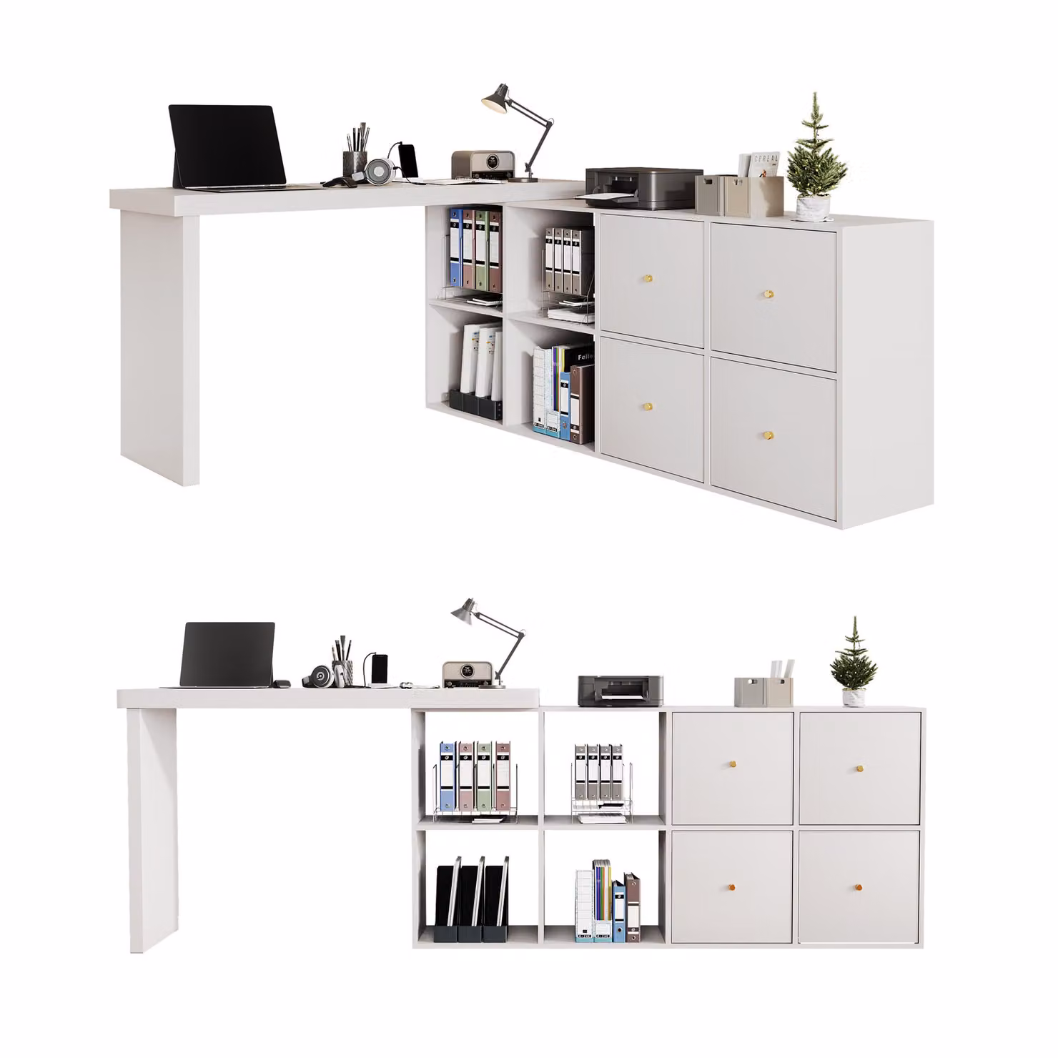 Scrivania angolare AIORBER girevole a 360° con 8 scomparti e 4 cassetti, a forma di L o diritta, MDF rinforzato da 4 cm, multifunzionale, bianca