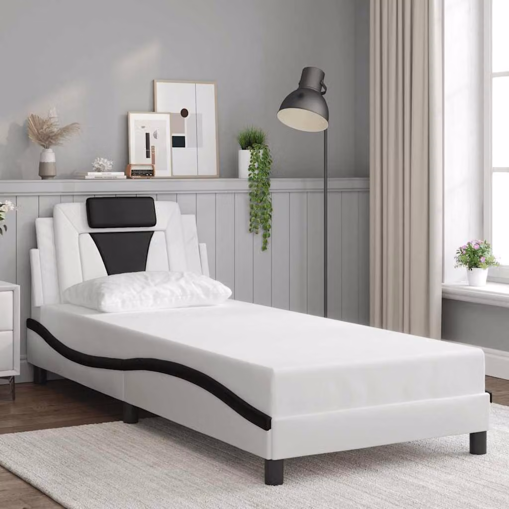 Giroletto Viana vidaXL in similpelle bianco e nero con doghe in legno, L 90 cm x P 200 cm – 1