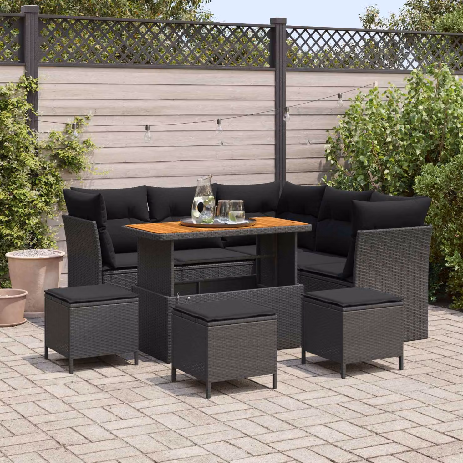 Set Divano da Giardino vidaXL 9 Pezzi a Forma di L con Tavolino e Contenitore Nero – 1