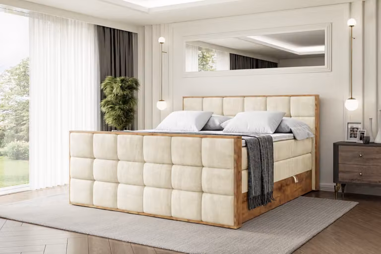 Letto boxspring ALTDECOR con materasso e rete a doghe, topper, pediera, letto imbottito con contenitore, letto con spazio contenitivo per materassi H3 e H4, letto matrimoniale -LOLLI2-Z KING-160x200 - Beige Monolith