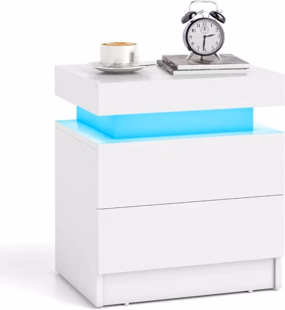 Comodino moderno Design Mania con luci LED integrate, 2 cassetti e finitura lucida effetto marmo, L: 45 cm, P: 35 cm, H: 52 cm, Bianco – 1