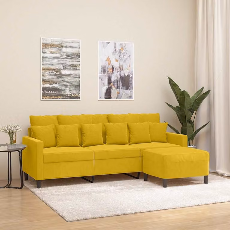 vidaXL Divano a 3 Posti con Poggiapiedi Giallo in Velluto L: 198 cm, P: 80 cm, H: 77 cm