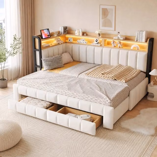 Divano letto estraibile 90/180 x 200 cm con 2 cassetti; LED; USB e Type-C; velluto beige