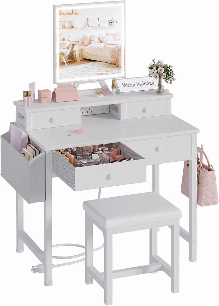 Comò da trucco bianco con specchio e illuminazione, set da trucco per bambine con sgabello, comò da trucco con cassetti e presa di corrente per la camera da letto