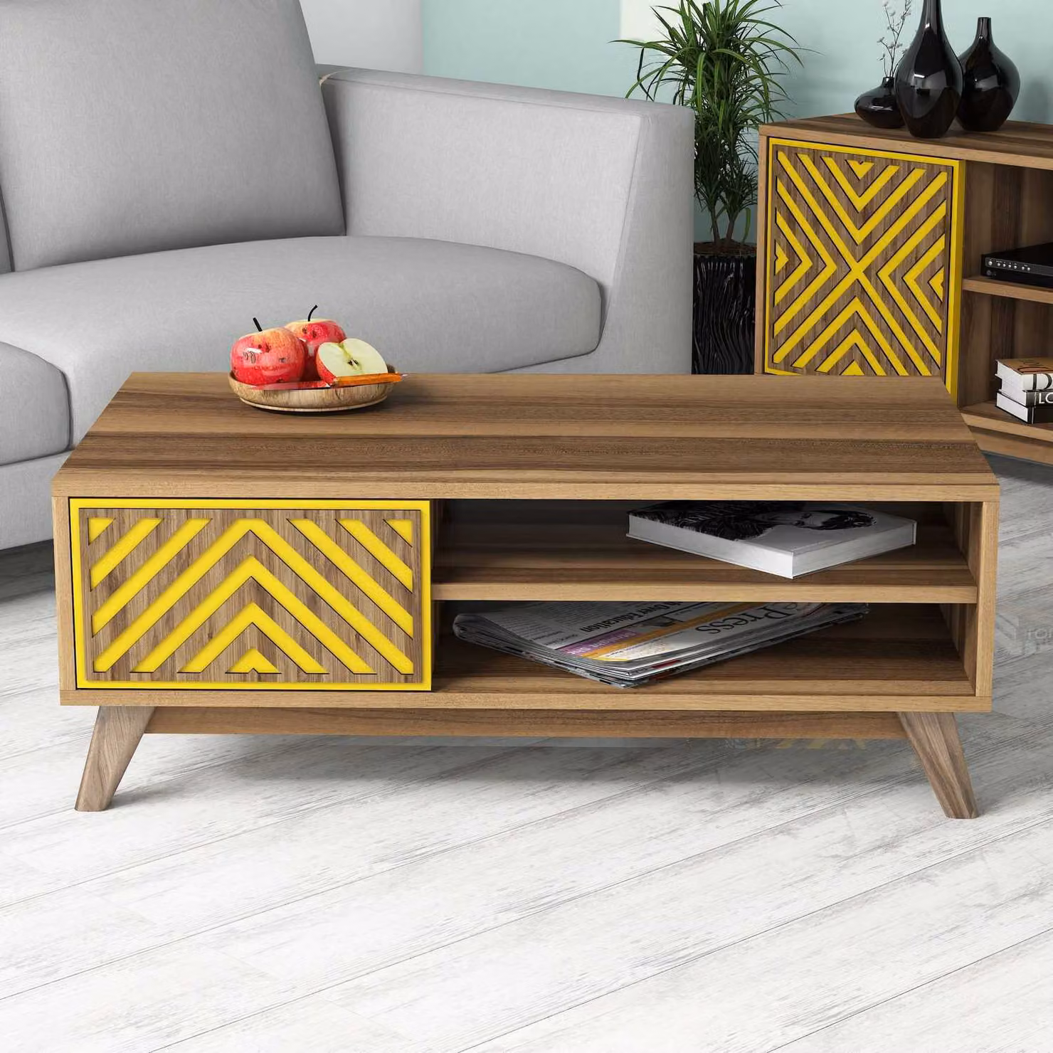 Skye Decor, Inci - Noce, Giallo, Tavolino, Noce, 100 % PANNELLI DI PARTICELLE RIVESTITI IN MELAMMINA, 105 x 60 x 38,2 cm