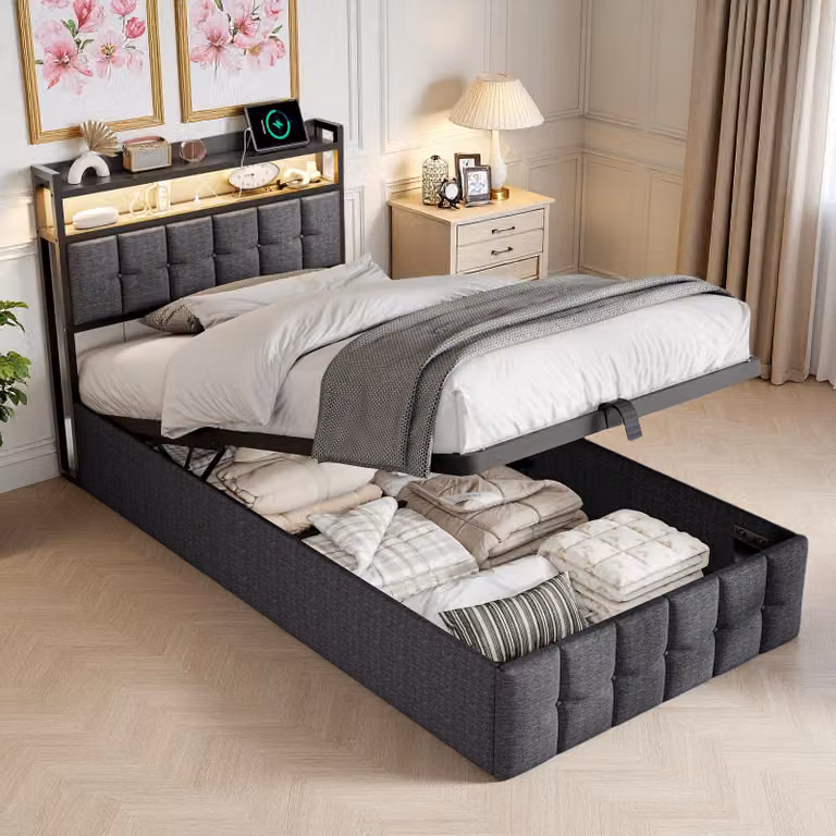 UnboxG Letto a gas 90×200 cm, grigio, tessuto di lino, letto singolo con testiera LED, porta di ricarica USB e Type-C, spazio di stivaggio sotto il letto, letto contenitore / letto da camera da letto