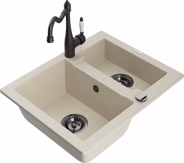 Mexen Carlos lavello in granito 1,5 vasche con rubinetto da cucina Carla, beige - 6518-69-670700-70