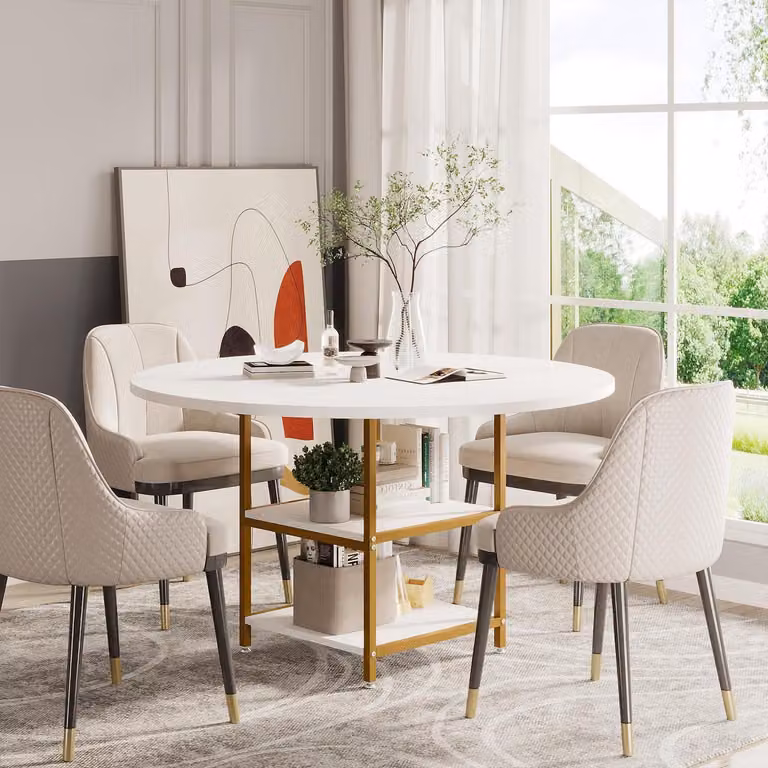 Tavolo rotondo da pranzo per 4 persone, colore bianco dorato, con 2 ripiani