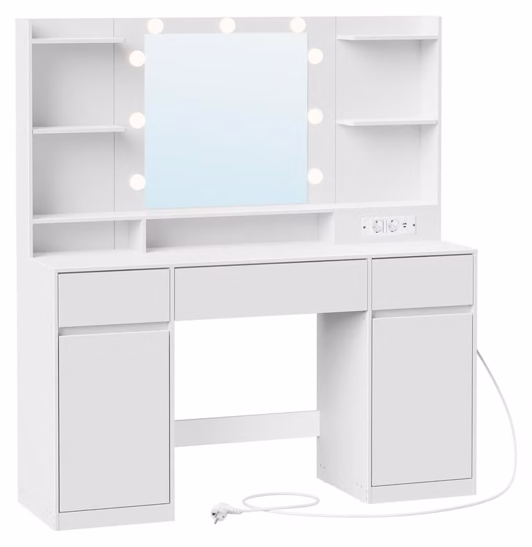 Comò da trucco con specchio, illuminazione e base di ricarica | Bianco | 107x40x144 cm