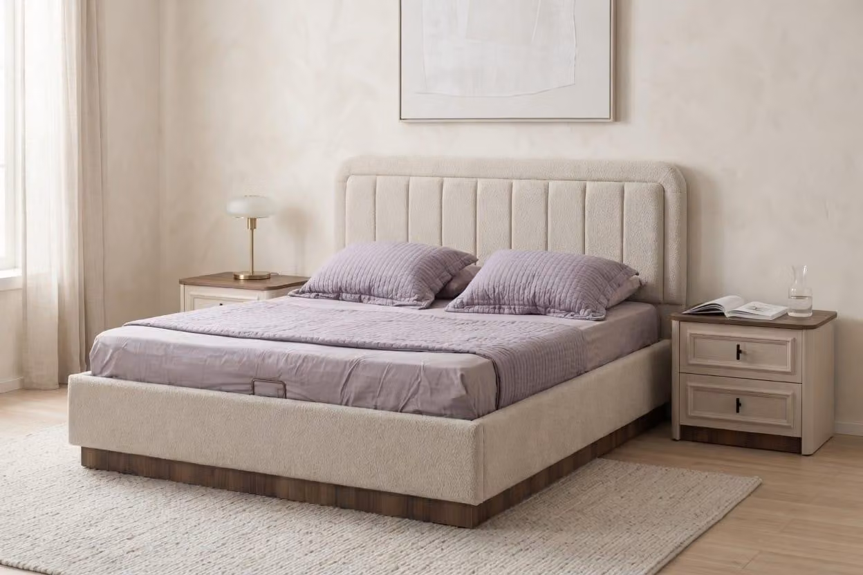 Set per camera da letto moderno, stile glamour, color beige, con letto e 2 comodini, lussuoso ed elegante