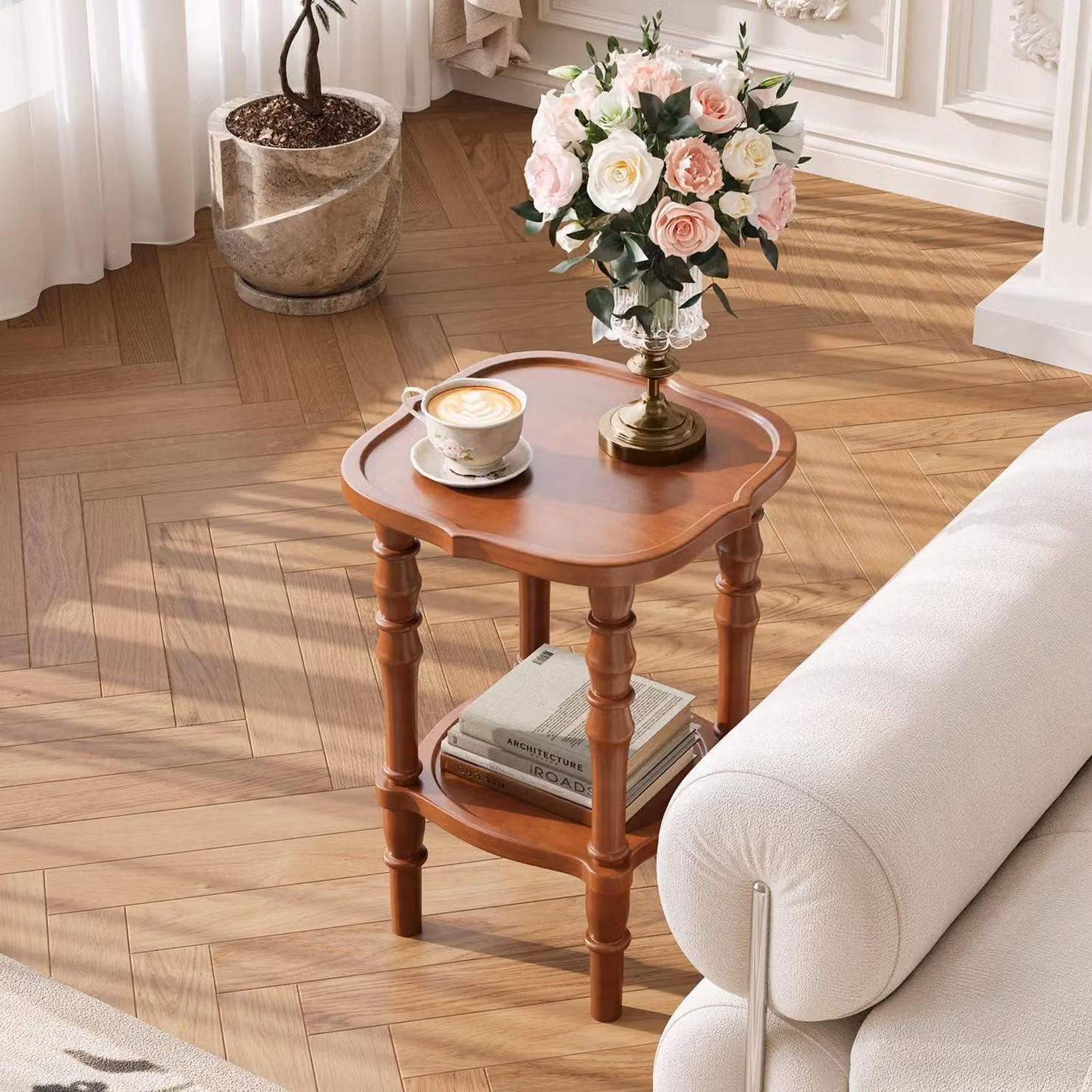 Tavolino laterale in legno massello, rotondo, con 2 ripiani e spazio contenitivo, stile vintage, finitura noce