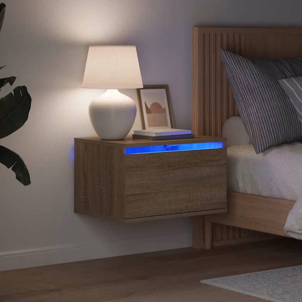 vidaXL Comodino a Parete Moderno con Luci LED Integrate in Rovere Sonoma e Colore Marrone/Beige L: 36 cm, P: 30 cm, H: 50 cm
