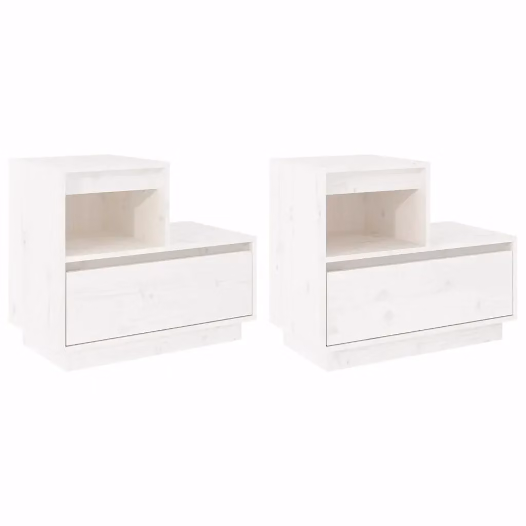 Set di 2 Comodini Bianchi Design Mania in Legno di Pino Massello, Modello Moderno da Parete, L 60 cm x P 34 cm x H 51 cm – 2