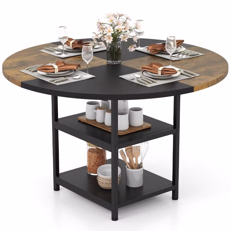 Tavolo rotondo da pranzo per 4-6 persone, con 2 ripiani aperti, design bicolore a contrasto, tavolo in legno rustico con struttura in metallo, diametro 119 cm