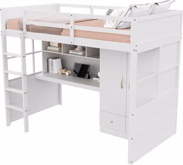 Letto a castello REDOM per bambini con struttura a casetta, scrivania, armadio e cassetti, Bianco e Marrone, L/P/H: 200 x 90 x 174 cm