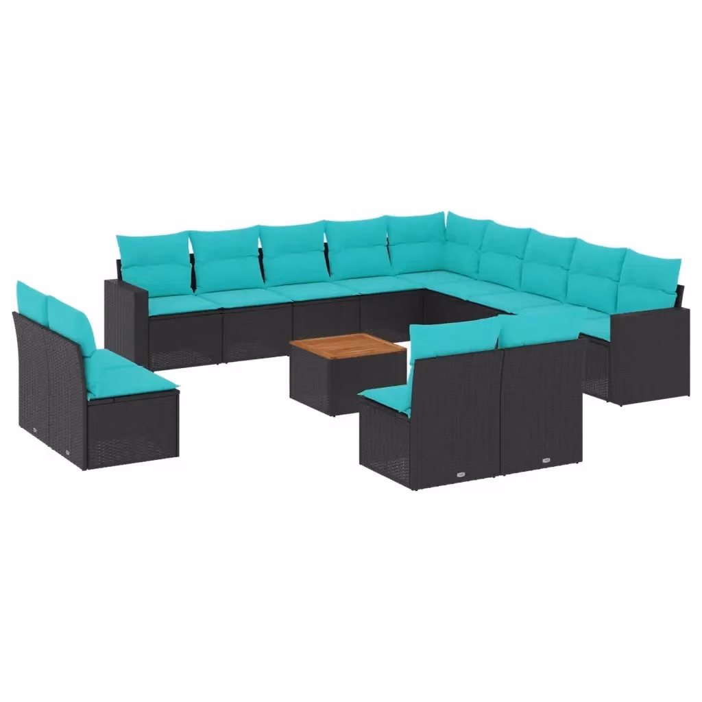 Set di Divani da Giardino vidaXL a Forma a U in Polyrattan Nero con Cuscini Blu e Tavolino da Esterno – 2