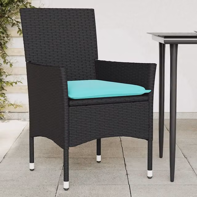 Set di 2 sedie da giardino vidaXL in polyrattan con cuscini neri e blu e braccioli