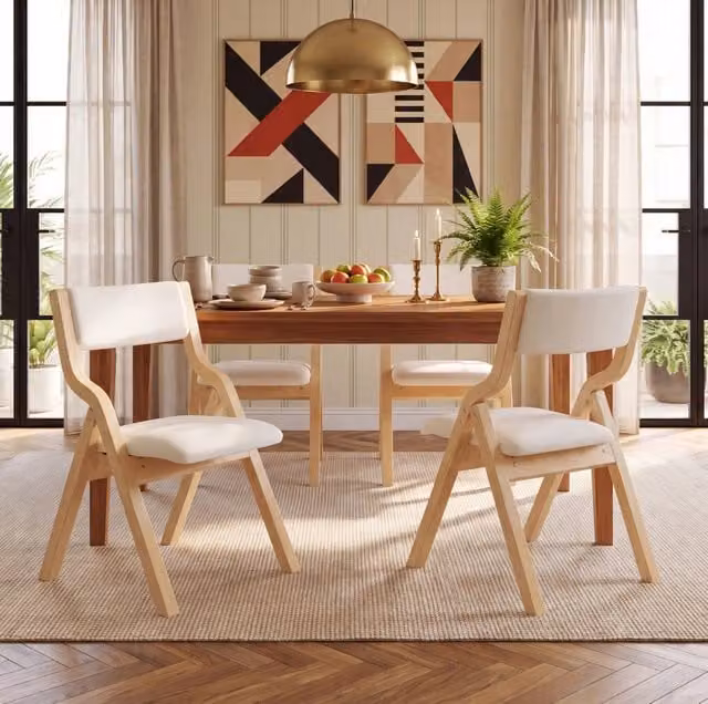 Set di 4 sedie pieghevoli beige in legno massello e lino