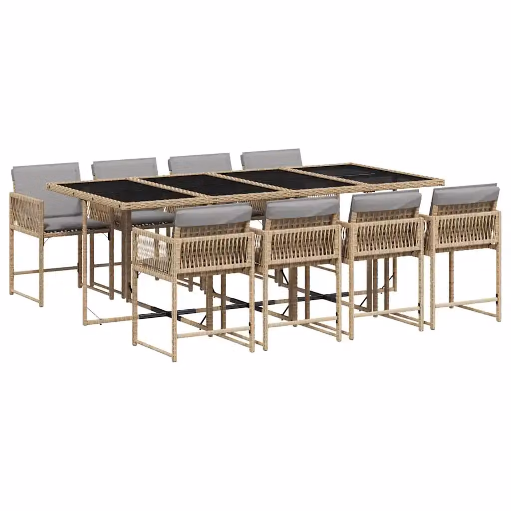Set Pranzo da Giardino vidaXL in Polyrattan con Cuscini Beige e Piano in Vetro, 9 Pezzi – 2
