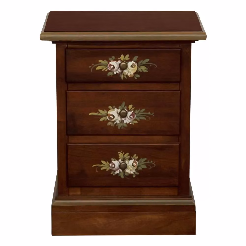 Comodino in stile arte povera con 3 cassetti e decori floreali in legno noce scuro Mobili 2G L: 50 cm, P: 38 cm, H: 65 cm – 2