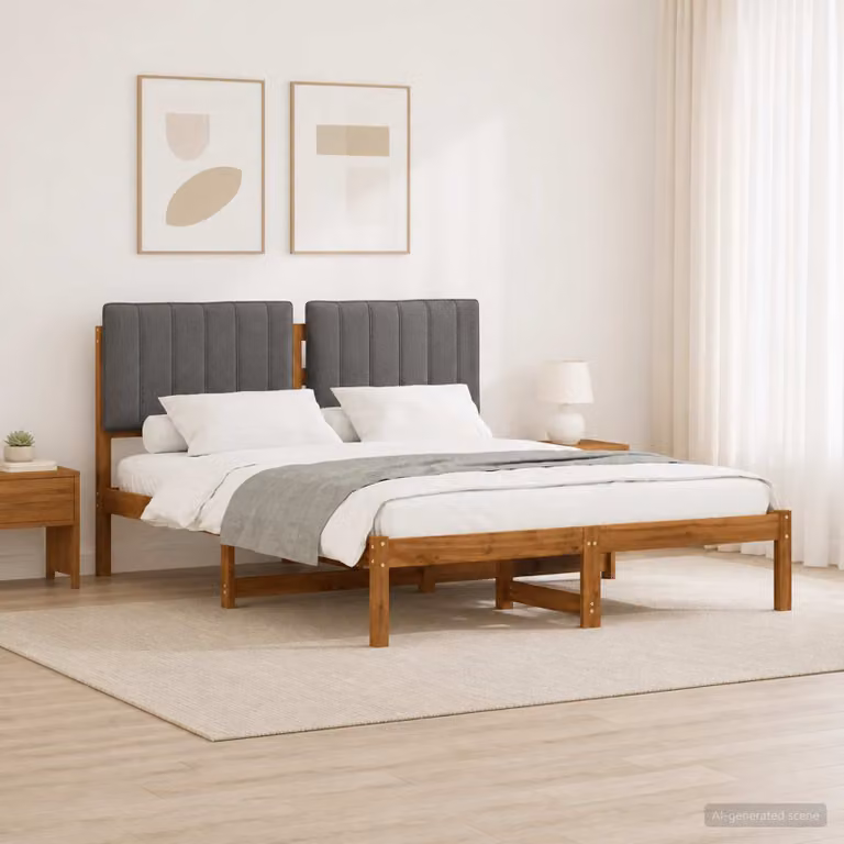 Letto con Testiera Rivestita vidaXL in Legno di Acacia Naturale e Grigio Chiaro L/P/H: 120 x 200 x 85 cm
