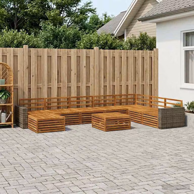 Set di divani da esterno vidaXL in legno di acacia massello marrone, 9 pezzi con pouf e tavolino da giardino