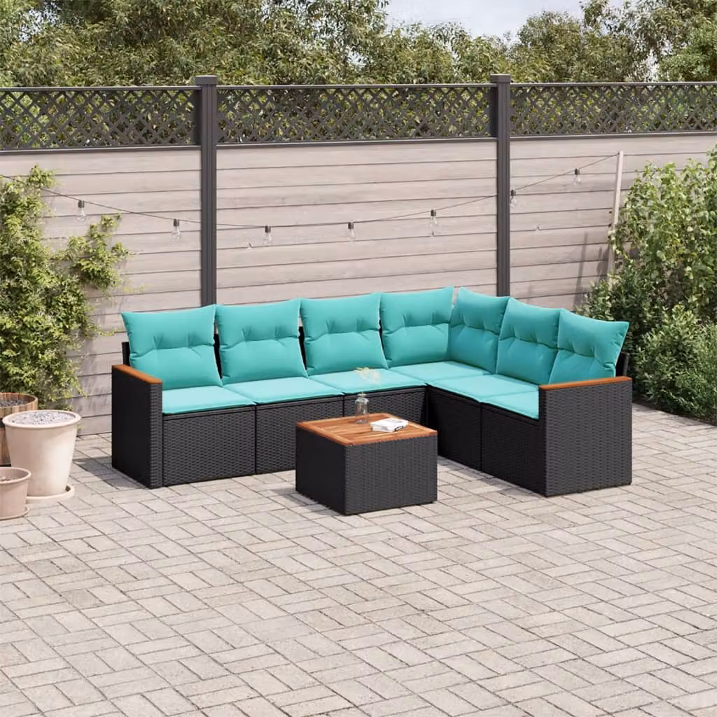Set Divani da Giardino vidaXL 7 Pezzi con Tavolino e Cuscini in Polyrattan Nero e Blu con Struttura in Acciaio e Legno di Acacia