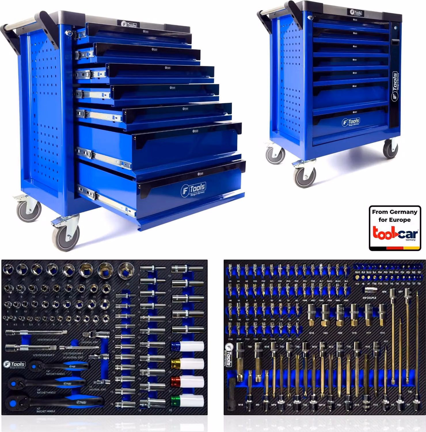 Carrello da officina 7 cassetti, 6 riempiti, attrezzati, riempiti - Inserti in EVA/schiuma blu, ordinati logicamente, 4 ruote (2 di arresto), acciaio al cromo vanadio