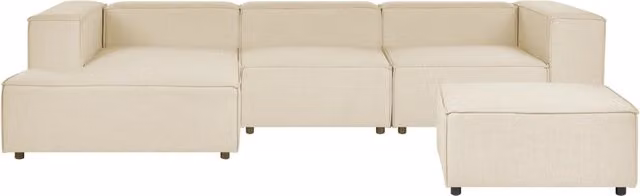 Divano angolare componibile Beliani Beige in tessuto con ottomana, modello a destra per soggiorno moderno, L/P/H: 326 x 180 x 81 cm