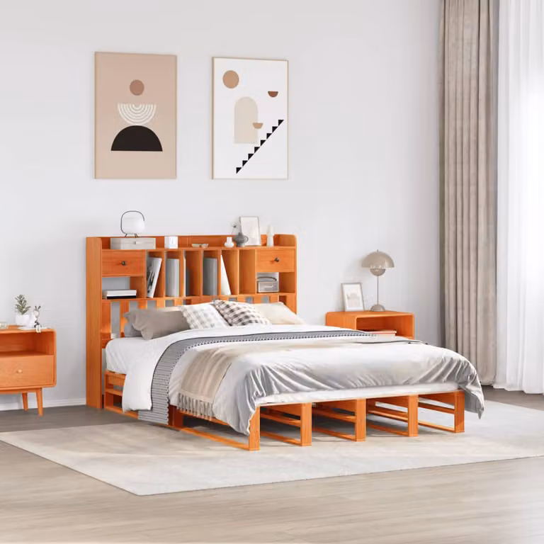 Letto Libreria vidaXL in Legno di Pino Marrone Cera con Ripiani Laterali 160x200 cm