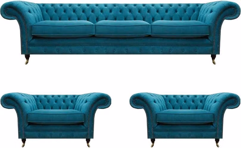 Sofas Blau Komplett Wohnzimmer Chesterfield Sofagarnitur 3tlg Luxuriöse