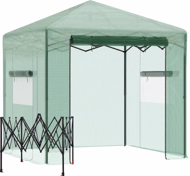 Serra Moonbite, dimensioni 238x178x240 cm, ad accesso facilitato, dotata di porta a rullo e 2 finestre a rete, copertura impermeabile in polietilene (PE), struttura in acciaio, colore verde scuro