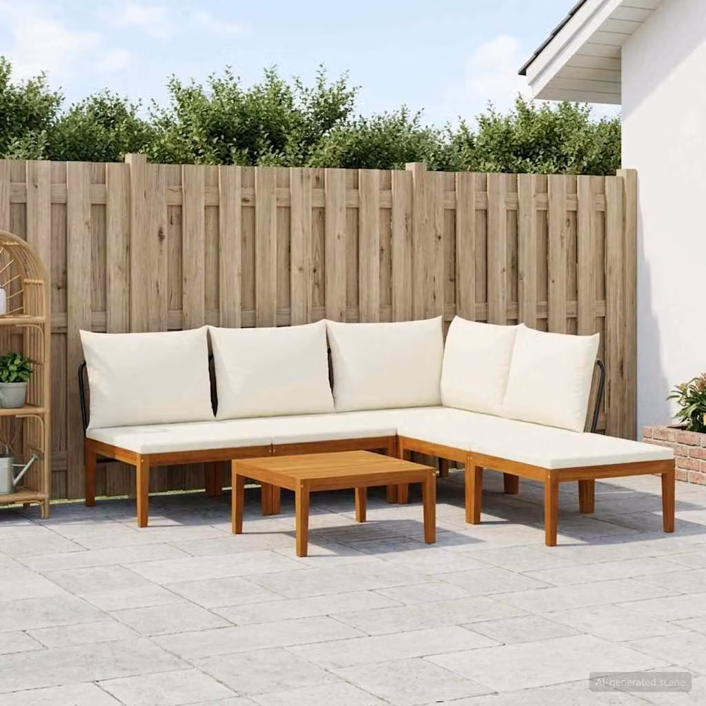 Set da giardino vidaXL in legno di acacia con divano angolare a L, tavolino e pouf, colore marrone con cuscini beige e bianchi