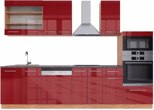 Cucina componibile Vicco Fame-Line Bordeaux lucido e Rovere dorato con armadio alto e piano Antracite, L: 300 cm – 1