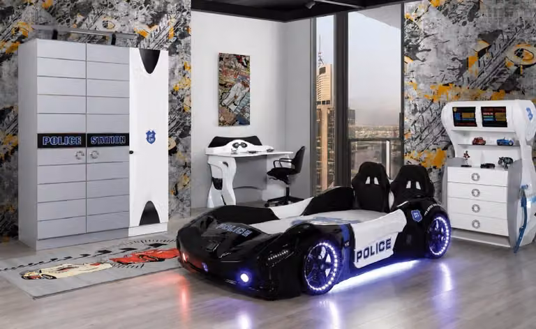 Camera da letto a tema polizia: letto, armadio, comò, scrivania, lampada LED