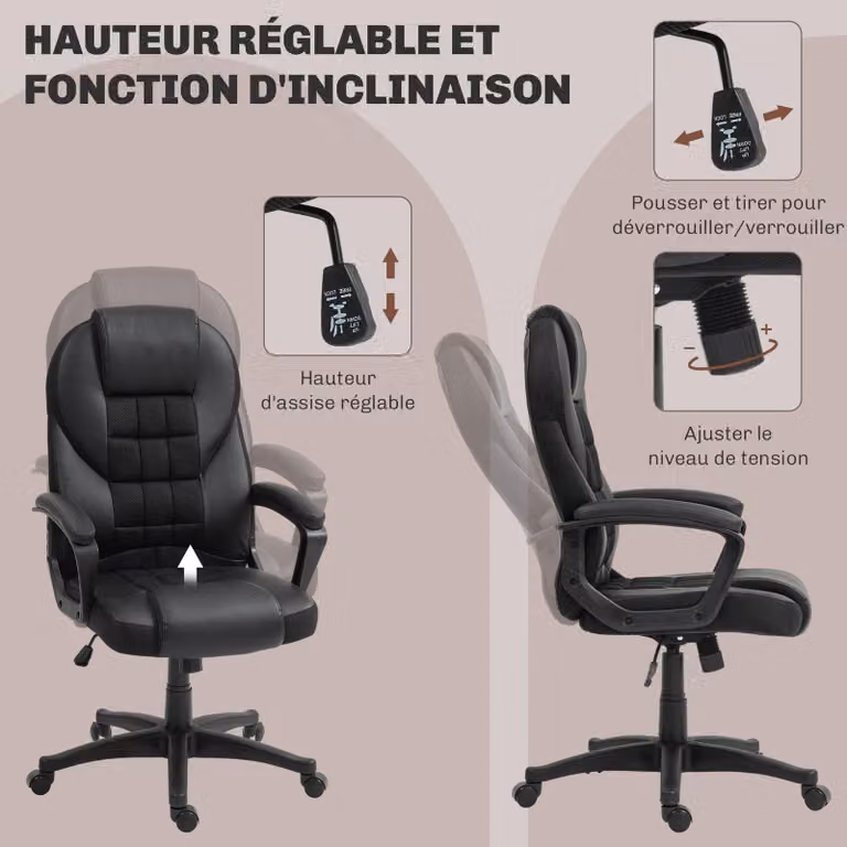Sedia da ufficio ergonomica - Ecopelle nera - Altezza regolabile - Funzione di inclinazione e rotazione a 360 gradi