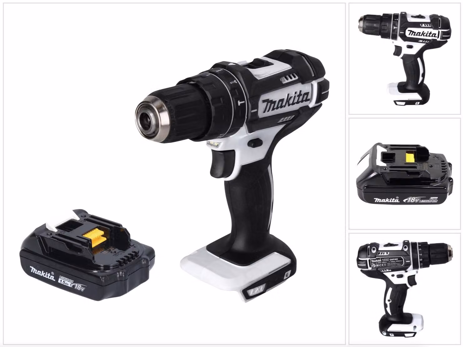 Makita DHP 482 Y1W Trapano avvitatore a percussione a batteria 18 V 62 Nm bianco + 1x batteria 1,5 Ah - senza caricabatterie