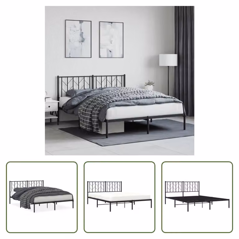 The Living Store Struttura letto con testiera in metallo nero 150x200 cm
