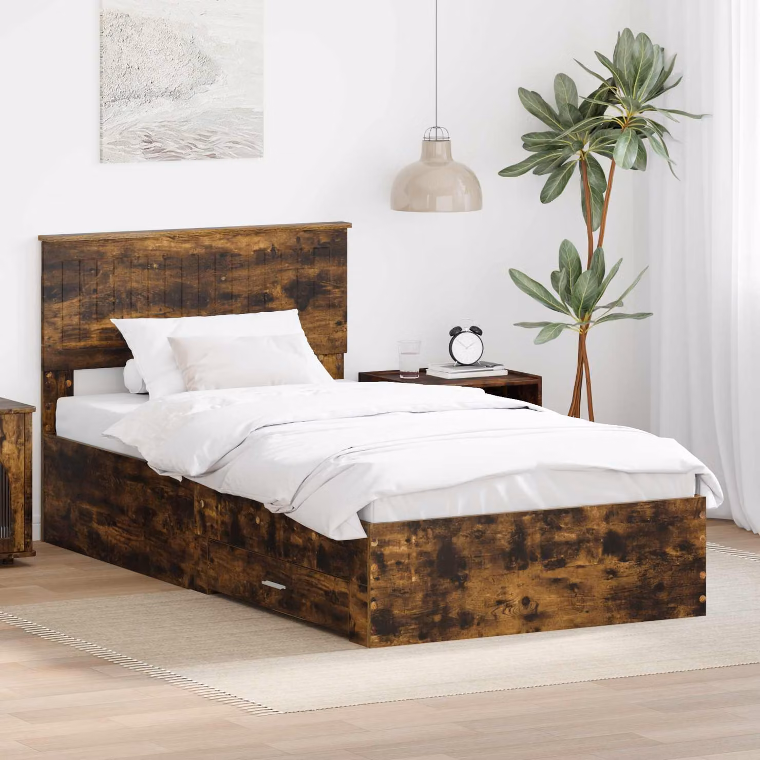 Struttura del letto moderna vidaXL in legno Rovere Fumo con cassetti L/P/H: 200 x 100 x 90 cm