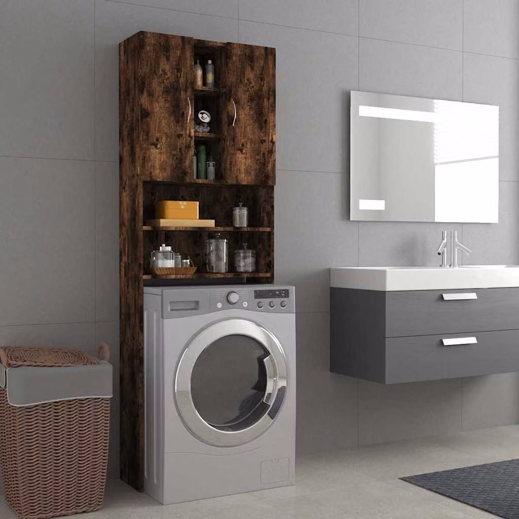 Mobile per lavatrice vidaXL in legno Rovere Fumo con ante a battente, L: 64 cm, P: 25,5 cm, H: 190 cm